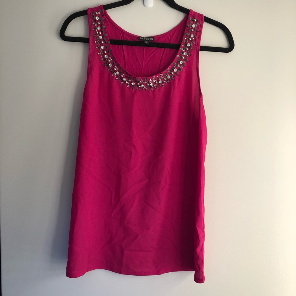 Pink Tank Top with Beads Sequins Neckline